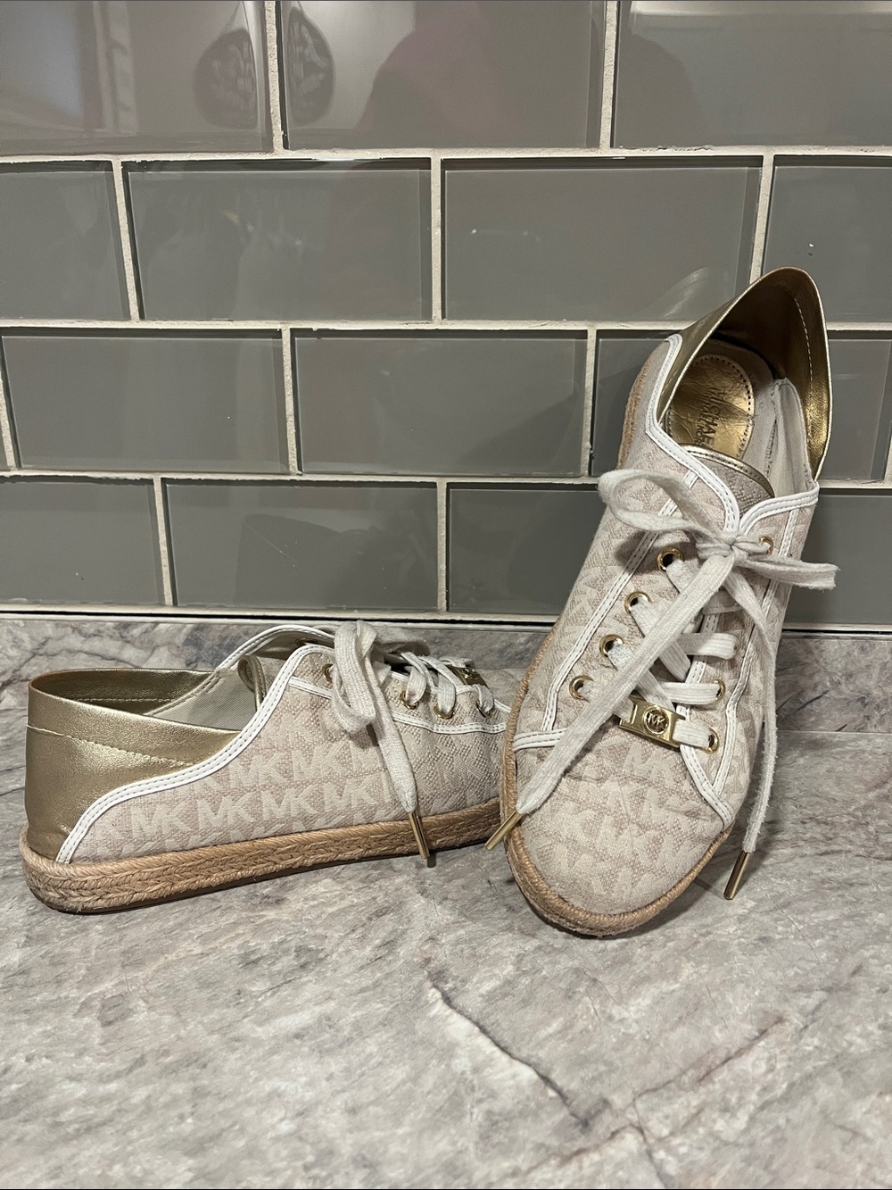 Michael Kors Beige Logo Espadrille-Style Lace-Up Sneakers